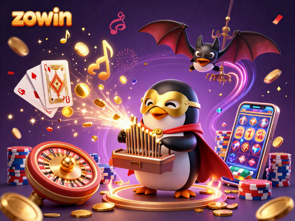 ZOWIN's dynamic 3D casino illustration showcases fun gaming with a penguin playing an organ shooting coins, roulette wheel, and vibrant elements.
