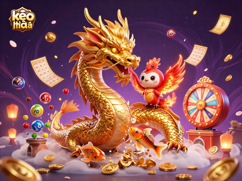 Experience kèo nhà cái with a vibrant 3D illustration featuring a golden dragon amidst dynamic game elements.