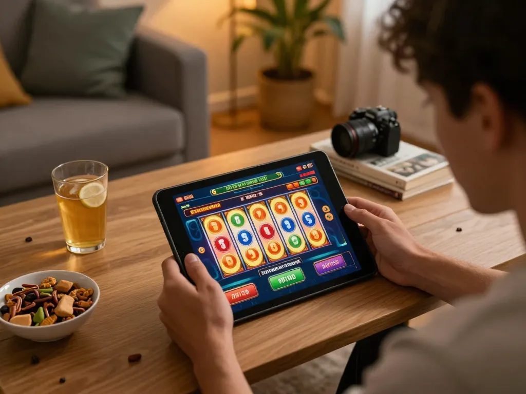 Player enjoying slot gacor hari ini on a tablet in a cozy home setting with snacks and drinks.
