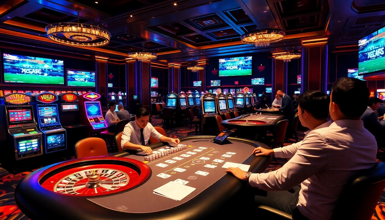 Xoilac tv live sports events showcased amidst an exciting casino backdrop with poker tables and slot machines.