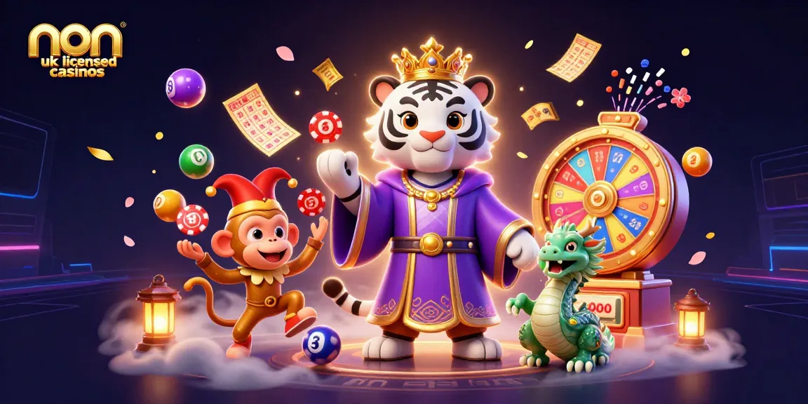 Experience the thrill of non uk licensed casinos with a vibrant scene featuring a royal tiger, golden monkey, and jade dragon.