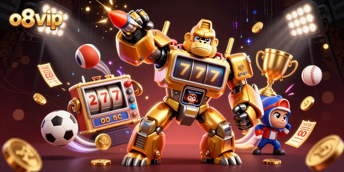 Discover the excitement of o8vip through an ultra-detailed 3D illustration with a golden gorilla mech and dynamic casino elements.