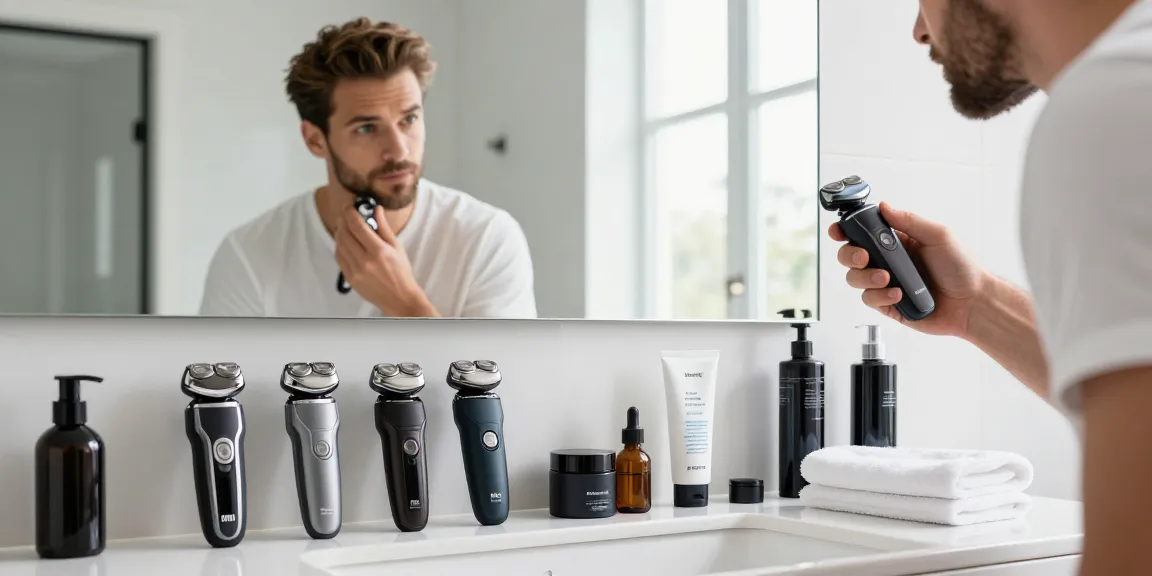 Man using an electric shaver with top brands displayed, highlighting rokok88 grooming choices.