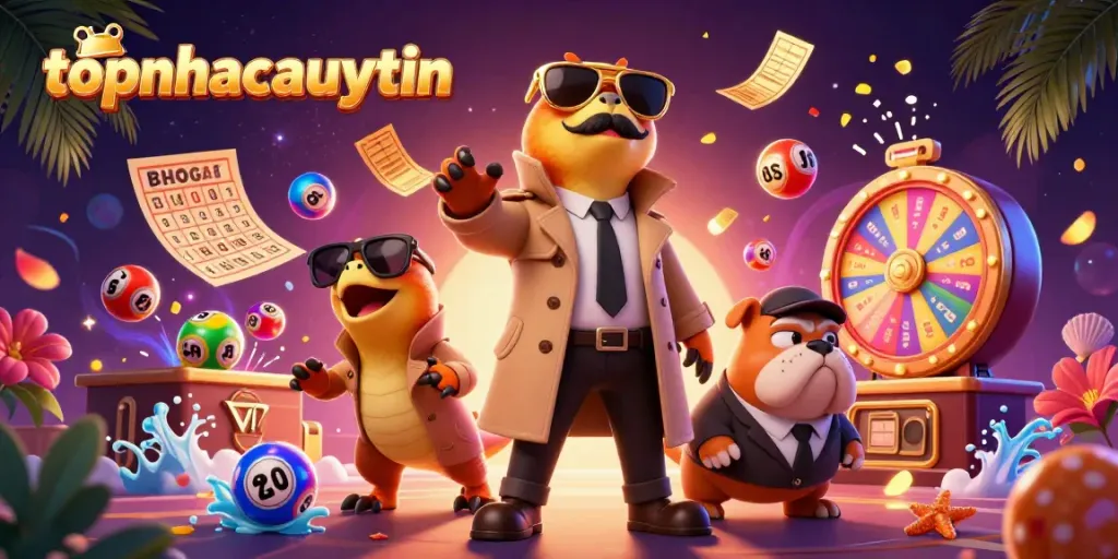 topnhacaiuytin showcases raptors in a trench coat entering a VIP casino with colorful lottery elements.