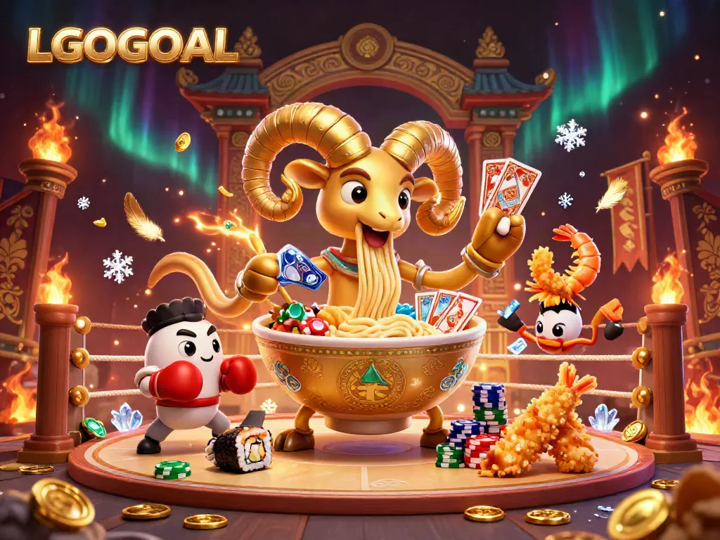 Enter the dynamic world of LGOGOAL with a captivating scene featuring a ramen bowl character dealing cards amidst lively casino elements.