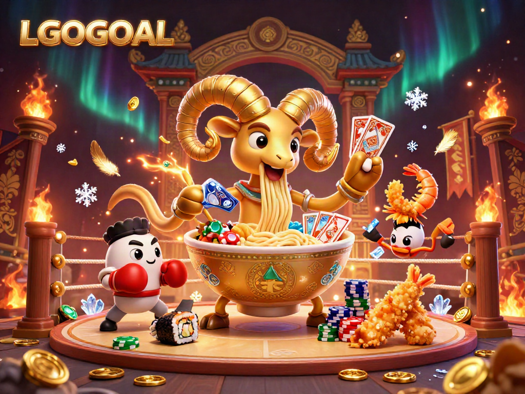 Enter the dynamic world of LGOGOAL with a captivating scene featuring a ramen bowl character dealing cards amidst lively casino elements.