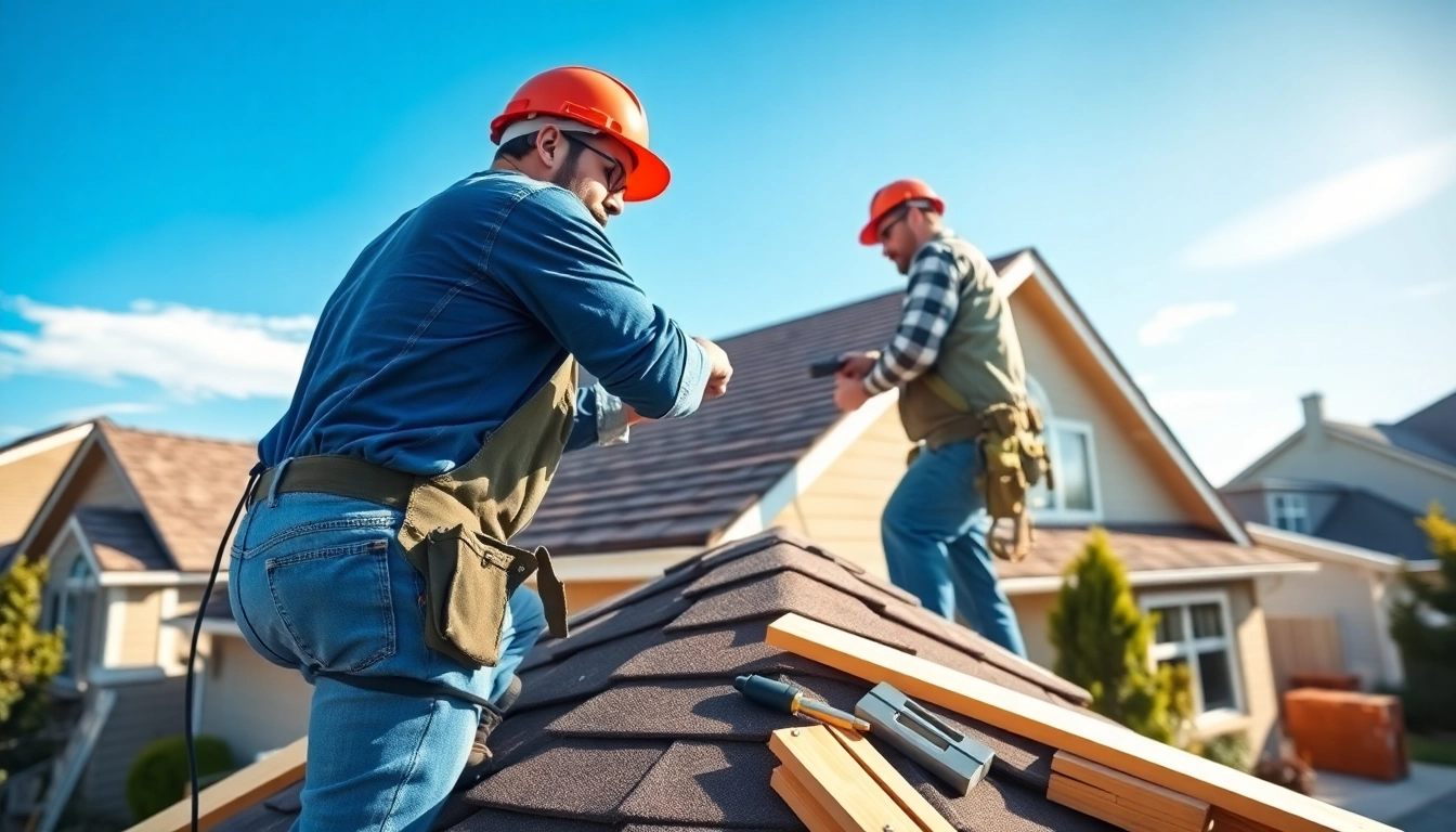 Roofing company team working on a residential roof installation, highlighting craftsmanship and reliability.