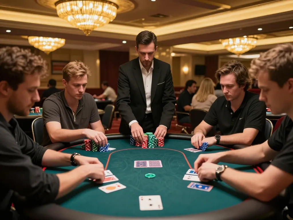 SUNWIN LINK players strategizing at a high-stakes poker table in an upscale casino environment