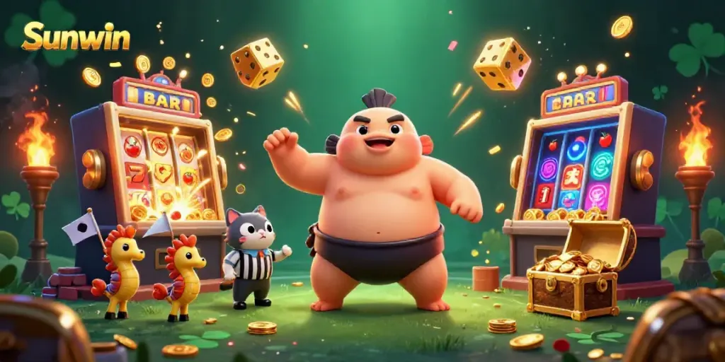 Experience the excitement with Sunwin's dynamic casino scene featuring a fugu in a sumo belt and explosive jackpots.