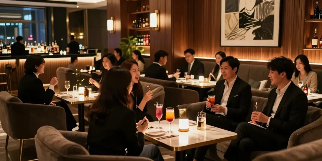 강남타이밍의 고급스러운 라운지 내부, 세련된 인테리어와 고객들이 즐기는 모습이 담긴 이미지