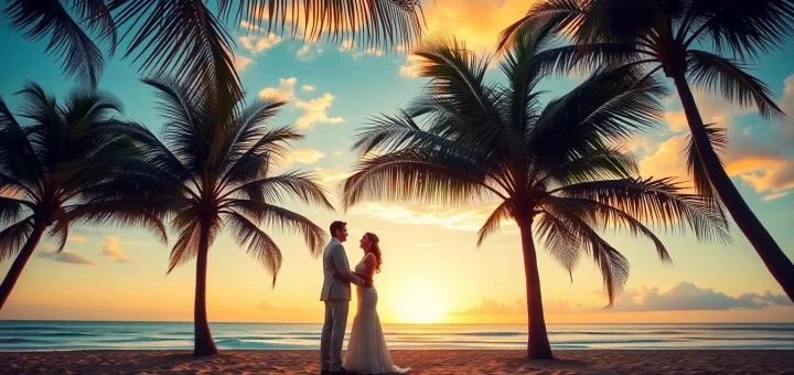 Destination photographer capturing a romantic beach wedding at sunset.
