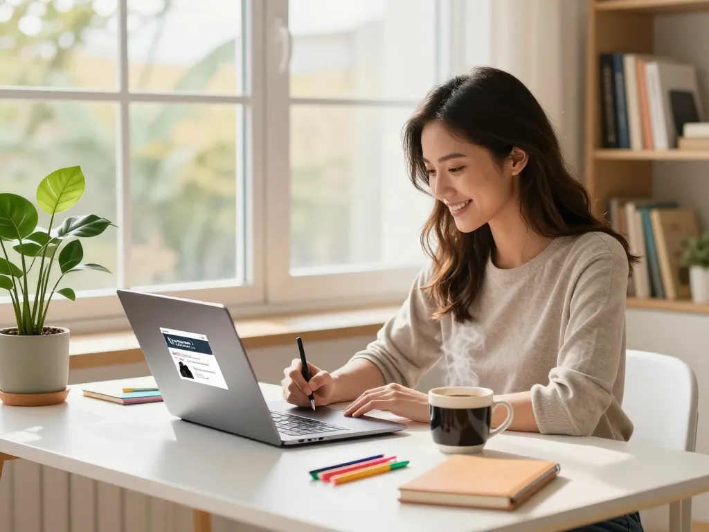 Woman engaging with hubet88 newsletter sign-up in a stylish workspace.