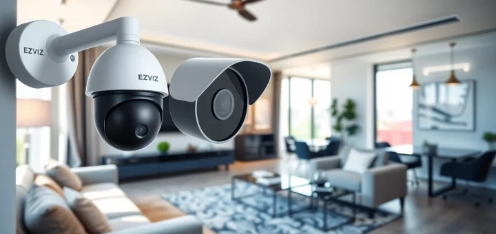 Cámaras EZVIZ que muestran soluciones modernas de seguridad para el hogar en un entorno elegante.