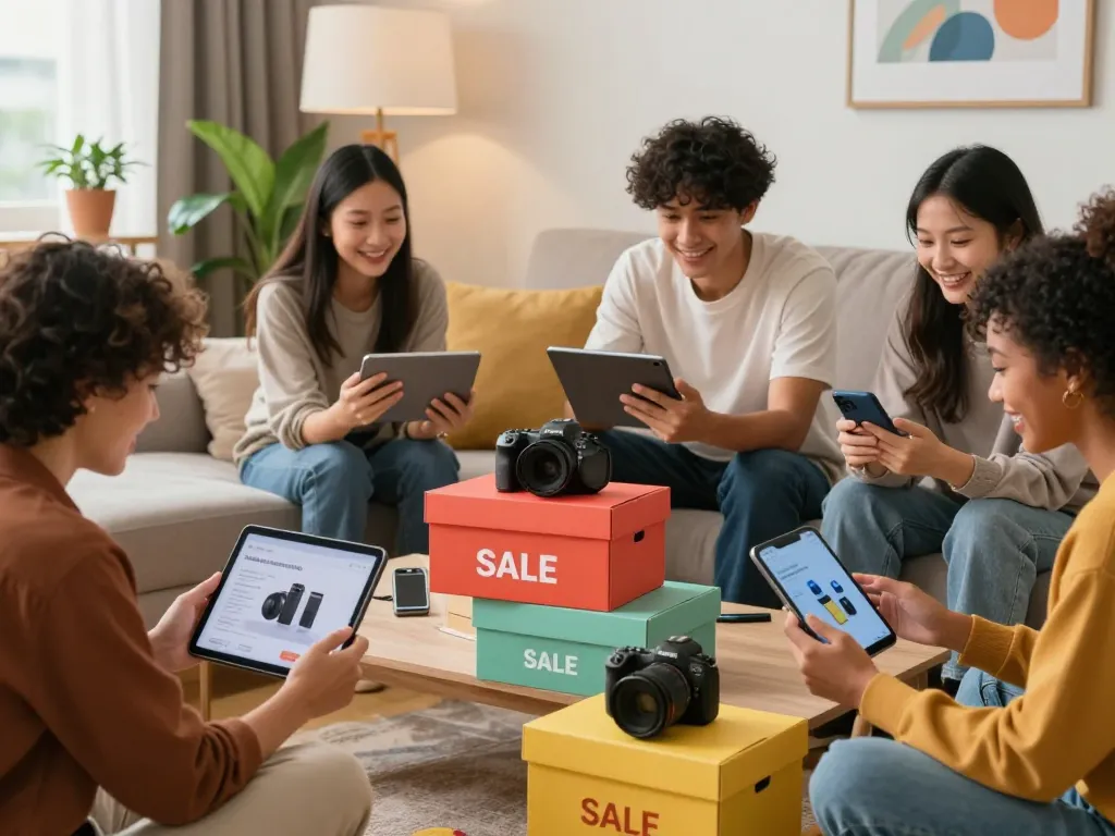 Friends joyfully engaging with products on https://hubet88.icu/ while shopping online in a cozy living room.